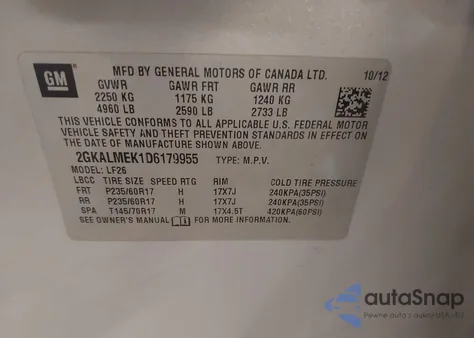 2013 GMC Terrain Sle-1 z USA, uszkodzony, nr VIN 2GKALMEK1D6179955